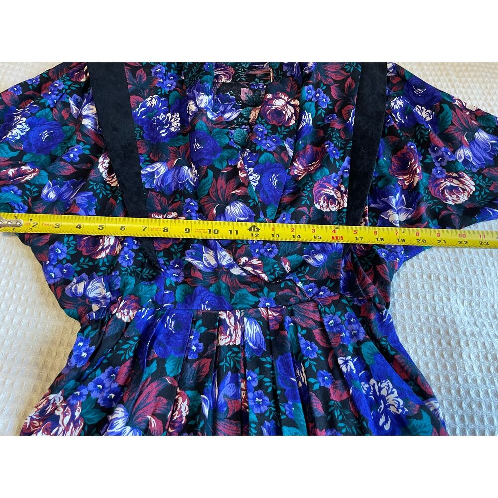 VTG 80's 90's Blue & Purple Floral Grandma Core V Neck Retro Long Sleeve Dress 4 - Picture 5 of 14